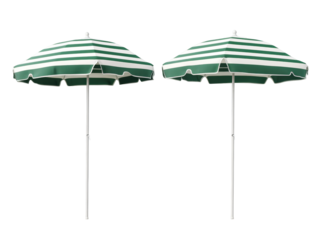 Isolated Two Green and White Striped Beach Umbrellas
