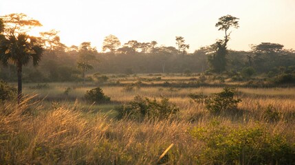 Obraz premium Golden Hour Savannah Sunset Landscape- African Grassland at Dusk