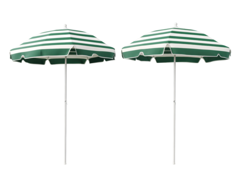 Isolated Two Green and White Striped Beach Umbrellas