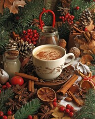 Cozy Hot Beverage Surrounded by Festive Decor, Cinnamon Sticks, Pine Cones, and Organic Ingredients, Perfect for Winter or Holiday Themes