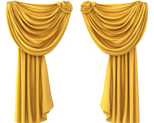 Isolated Pair of Golden Yellow Draped Curtains
