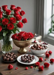 A bowl of red roses and chocolates on a dining table, dining table, valentines day, flowers