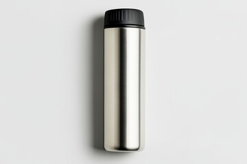 A sleek metallic thermos with a black cap, designed for keeping beverages hot or cold, set against a minimalist background.