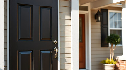 Fototapeta premium Elegant Black Front Door of a Modern House. High-quality exterior design, showcasing beautiful architecture and landscaping. Ideal for real estate and home decor.