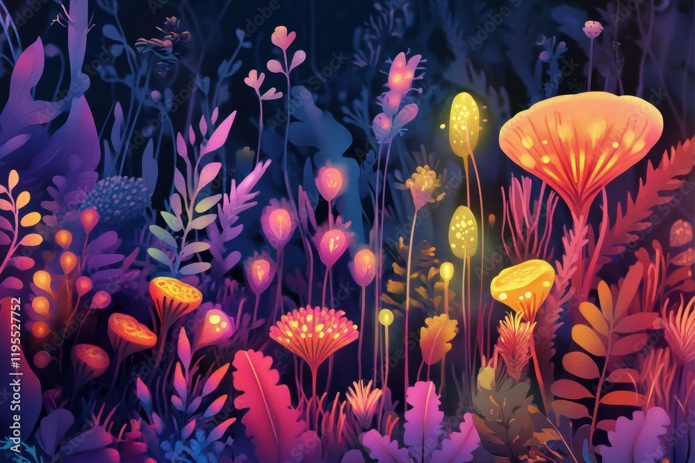 Poster vibrant microscopic ecosystem showcasing friendly microbes in a magical environment teeming with lif
