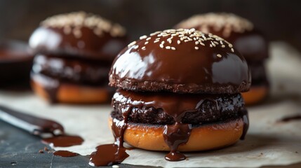 Decadent chocolate-glazed burgers sit enticingly, their glossy chocolate coating dripping over sesame seed buns for a bold and indulgent twist.
