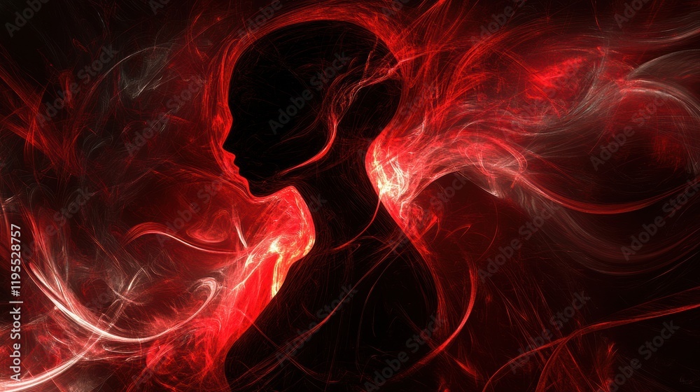 Poster surreal silhouette of a person immersed in swirling red and black abstract patterns during a dream l