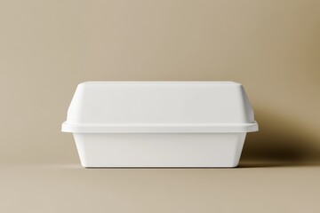 A simple white takeout container sits against a neutral background, emphasizing its clean lines and functional design.