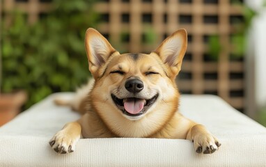 Happy corgi dog lying on a couch with a big smile, enjoying a sunny day indoors.