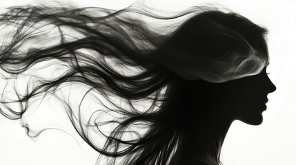 Naklejka premium In an otherworldly scene, a faintly illuminated female silhouette with smoke flowing as her hair exudes grace and an air of surreal enchantment.