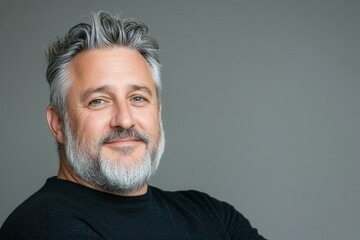 Obraz premium Mature caucasian male with gray hair and beard smiling confidently in black sweater.