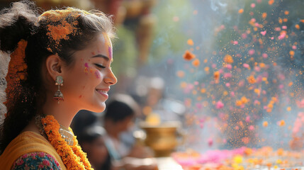 Celebration of colors during a vibrant cultural festival with joyful participants adorned in traditional attire. Generative AI