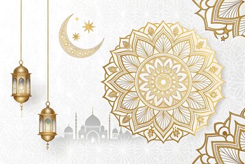 Islamic geometric pattern, intricate gold mandala, Ramadan decoration, beige background