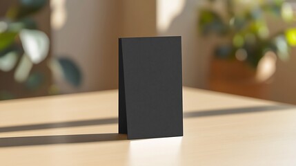Naklejka premium Blank black tent card mockup, table, sunlight, plants