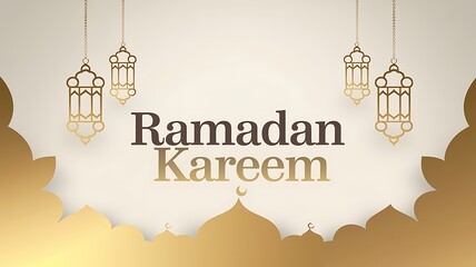 Ramadan Kareem Greeting with Golden Lanterns and Domes