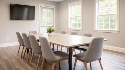 Obraz premium Modern conference room with table, chairs, wall-mounted TV and large windows