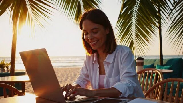 woman working on laptop at the beach