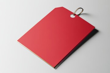 A vibrant red tag with a metal ring, positioned on a light background, perfect for labeling or decoration.