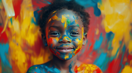 Obraz premium African child with vibrant face painting smiling against colorful backdrop in a creative and joyful atmosphere. Generative AI