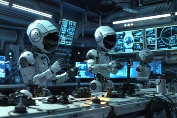 Fototapeta premium Robots operating in a high-tech control room with screens and equipment.