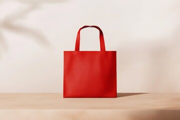 A vibrant red tote bag sits elegantly on a wooden surface against a neutral background, exuding style and simplicity.