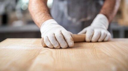 Hands in White Gloves Rolling Dough on Fresh Wooden Surface in a Bright Workshop for Culinary Arts