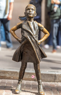 Front view of Fearless Girl Statue in Wall Street