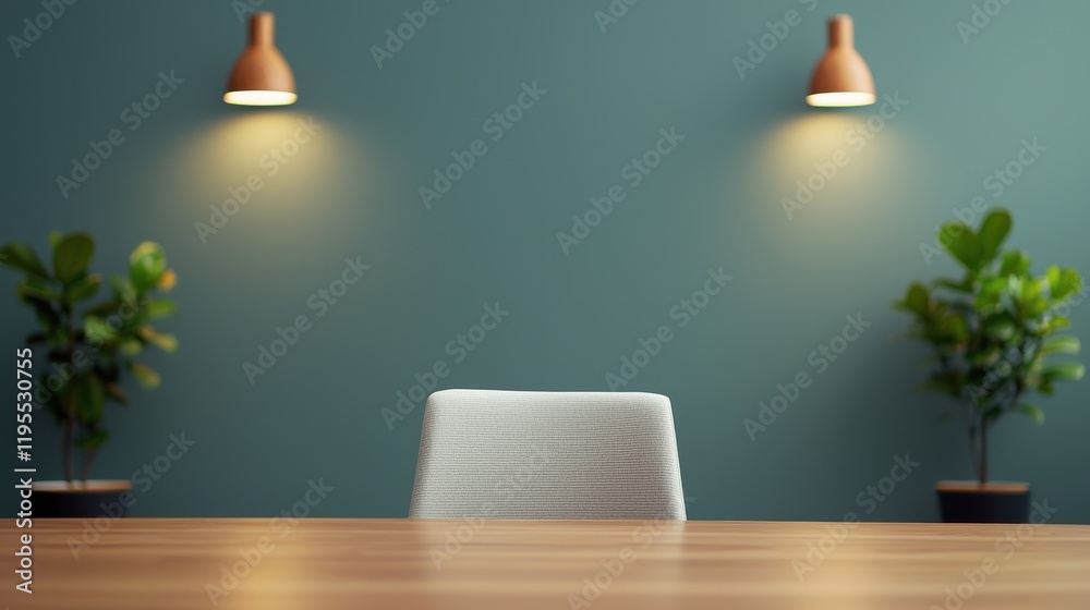 Poster Empty meeting room table with chair, plants and soft lighting creating a comfortable environment
