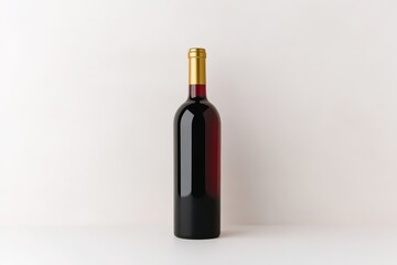 A sleek bottle of red wine with a gold cap stands against a neutral background, showcasing its elegant design and rich color.
