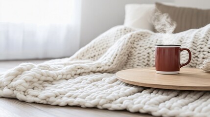 Cozy Winter Morning Hot Drink Mug on Knit Blanket
