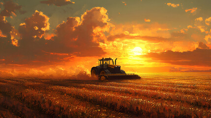 Fototapeta premium A self-driving tractor harvesting crops on a vast agricultural field at sunset