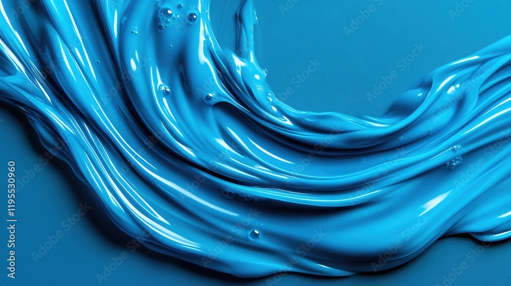 Poster vivid blue liquid flow with droplets, creating a dynamic and artistic visual effect.