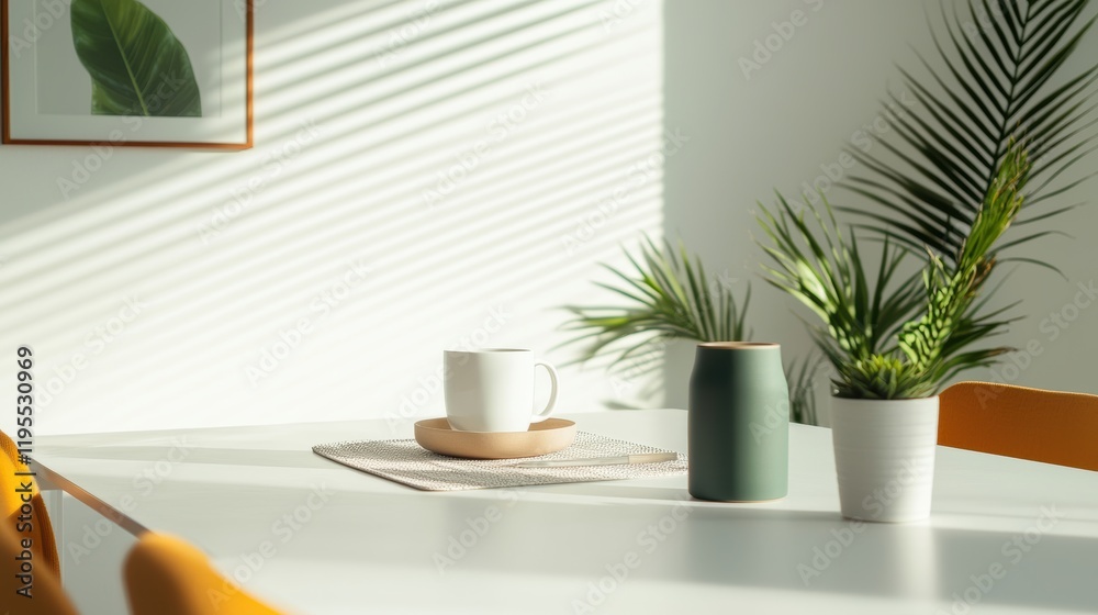 Poster Sunlit meeting room table with coffee cup and plants creating a productive workspace