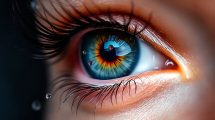 Fototapeta premium Macro shot of an adorable female eye with red and blue sparkles and orange pigment in a wet, rainy scene. The eye displays charming features with drizzling rain and reflective surfaces.