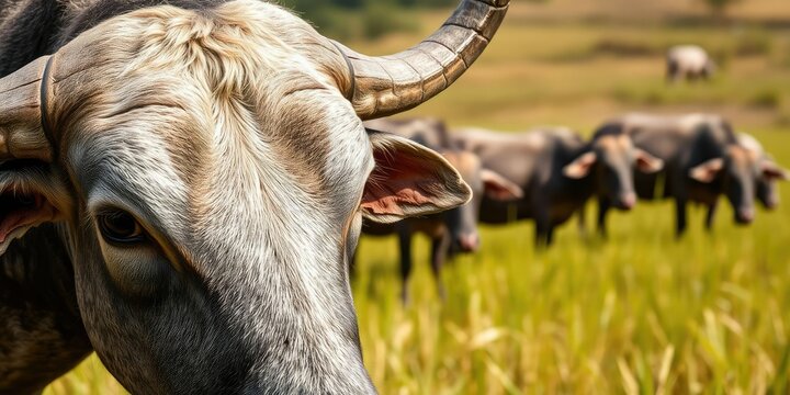 A close-up shot of a domestic buffalo hide lying on a lush rice field, rice field, hide