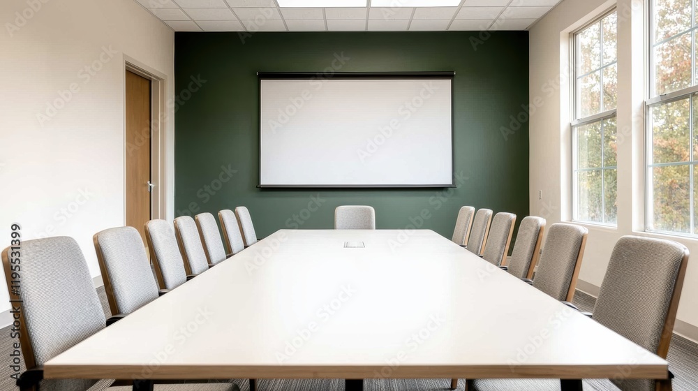Poster Modern conference room with projector and screen displaying showing projecting presenting empty white presentation