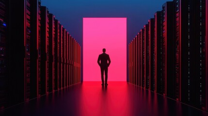 IT specialist standing confidently in a high-tech server room glowing with secure systems and vibrant neon lighting