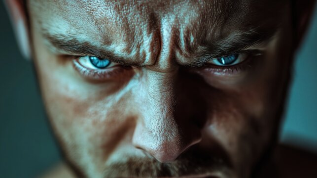 In a dramatic close-up, the icy blue eyes of an angry man dominate the frame, his expression fierce and unrelenting.