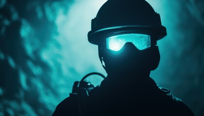 Modern miner scanning walls with a glowing handheld laser device detecting valuable mineral deposits in real time