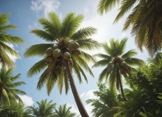 A coconut tree with coconuts and leaves stretching towards the sky, greenery, landscape