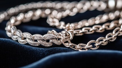 Polished silver jewelry arranged on a dark velvet cloth with reflections emphasizing its luxurious and timeless appeal