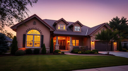 Luxury Home Exterior at Dusk: Modern Architectural Design, Landscaping, and Evening Lighting