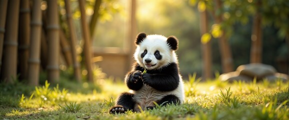 Panda Cub Chewing Bamboo in Enclosure