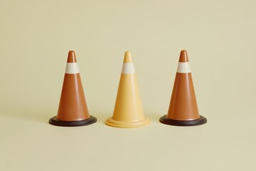 Three traffic cones stand in a row one different color