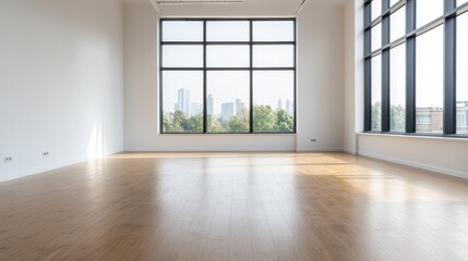 Obraz premium Spacious empty office with panoramic windows offering inspiring city views