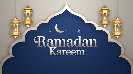 Ramadan Kareem greeting with lanterns and crescent moon