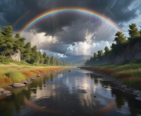 Naklejka premium A colorful rainbow peeking through the gaps of cloudy skies above a tranquil river, rainbow, landscape