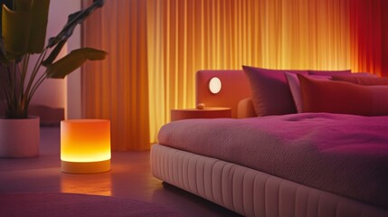 Serene Bedroom Ambiance with Warm Lighting and Textured Bedding