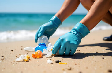 Collecting Plastic Waste on a Sandy Beach. Hands in blue gloves cleaning plastic waste on a sandy beach by the ocean, promoting environmental conservation.