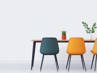 Modern minimalist meeting room with colorful chairs and plants promoting focused workflow